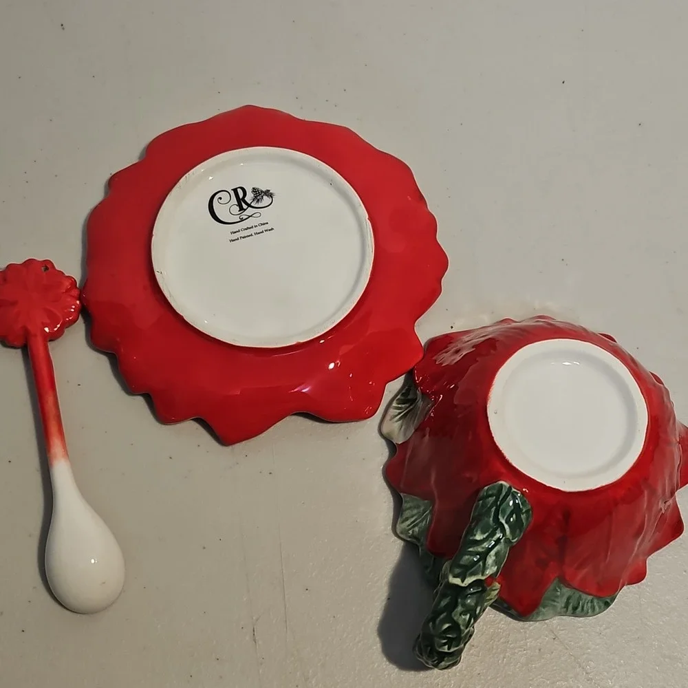 CORNER RUBY Poinsettia Cup And Saucer Set With Spoon